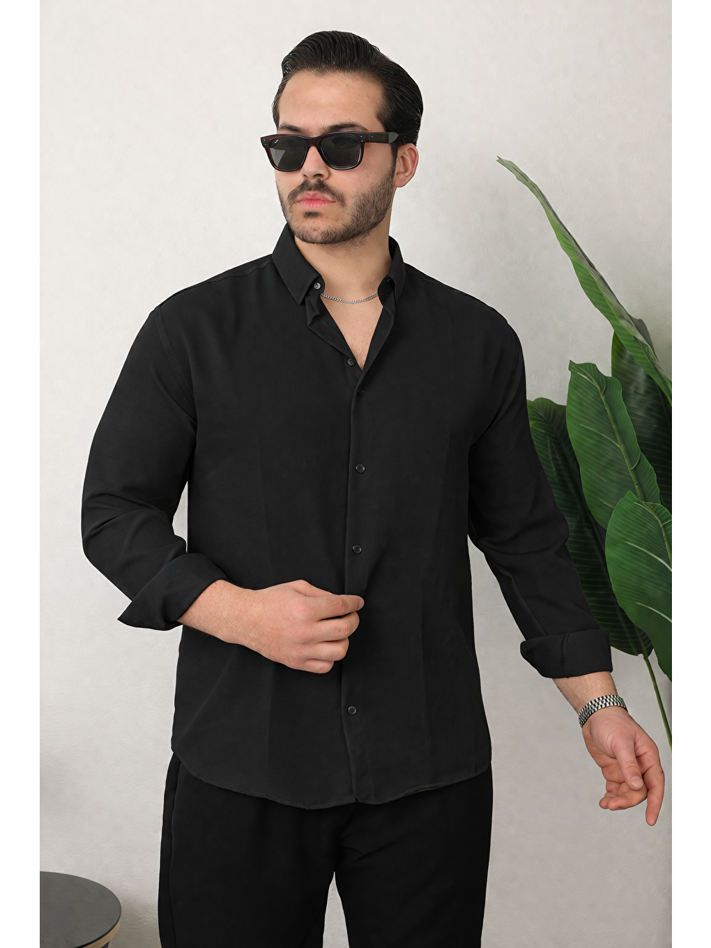 Erkek Trend Dokulu Kısa Kol Basic Siyah Keten Gömlek