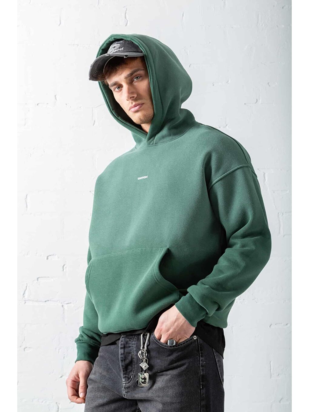Erkek Oversize Baskılı Kapüşonlu Sweatshirt Yeşil-2