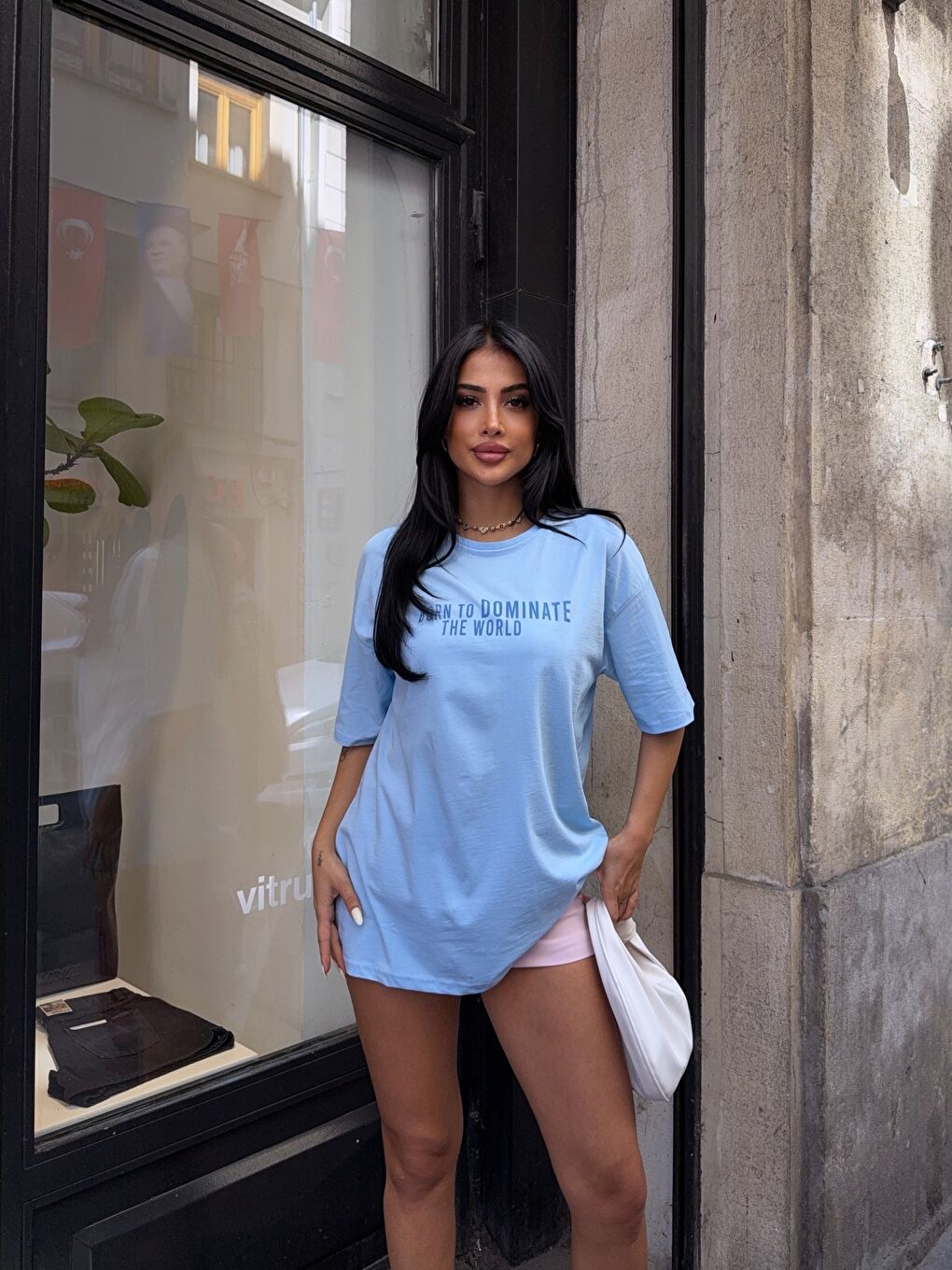 Baskılı Mavi Oversiz T-Shirt-3