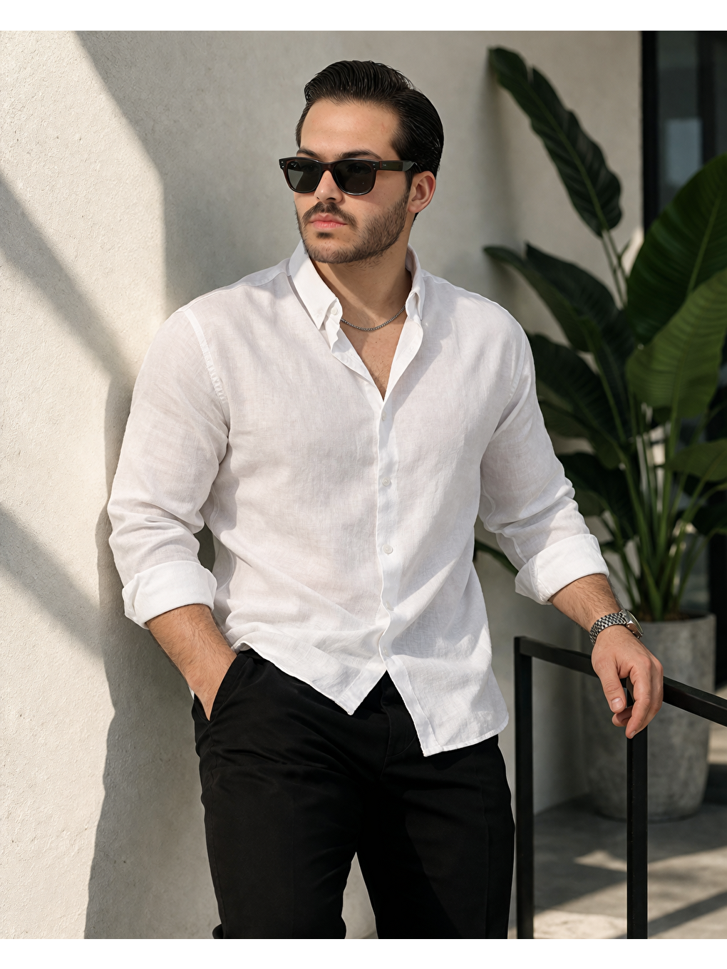 Erkek Trend Dokulu Kısa Kol Basic Beyaz Keten Gömlek-3