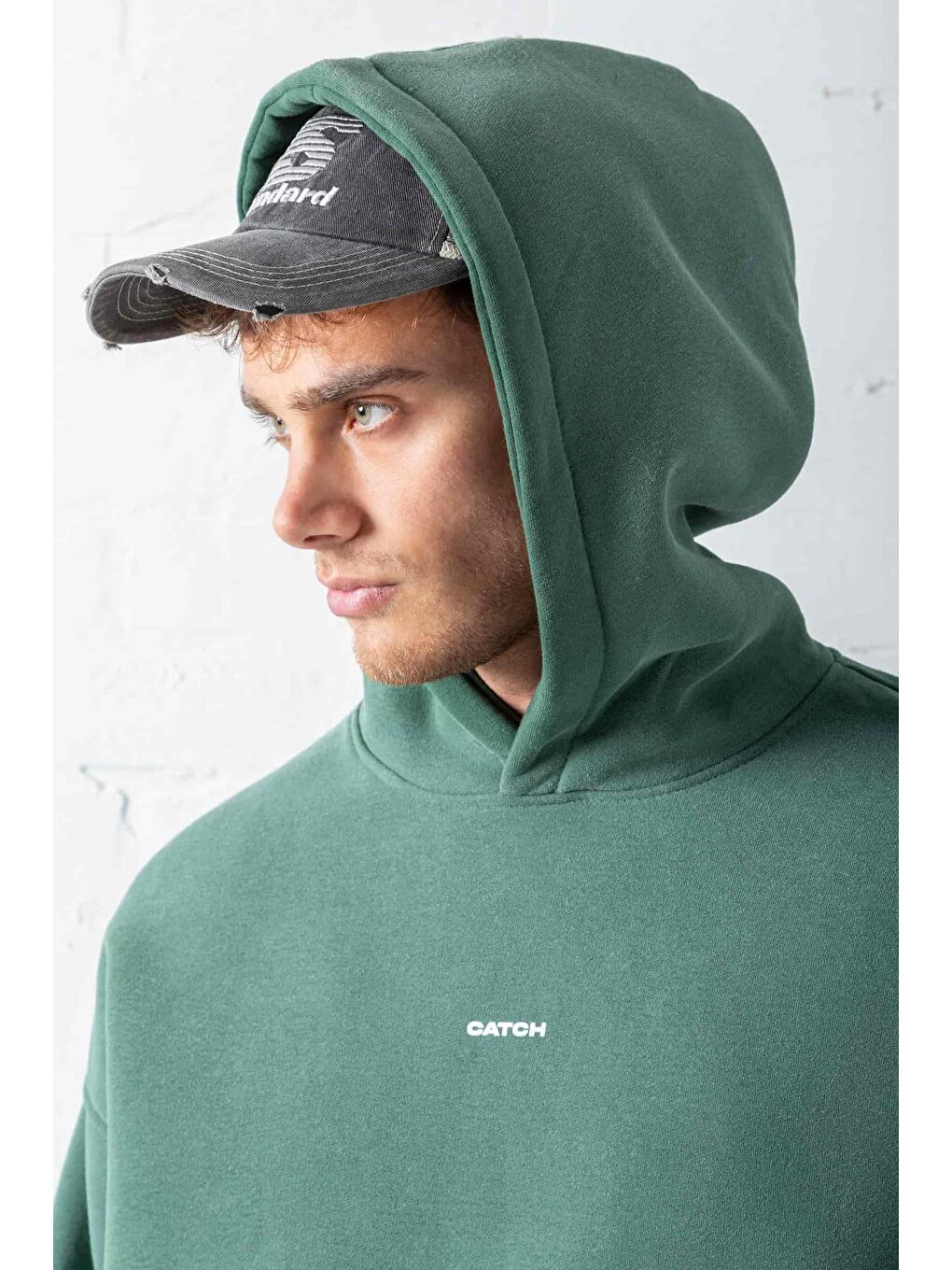Erkek Oversize Baskılı Kapüşonlu Sweatshirt Yeşil-4