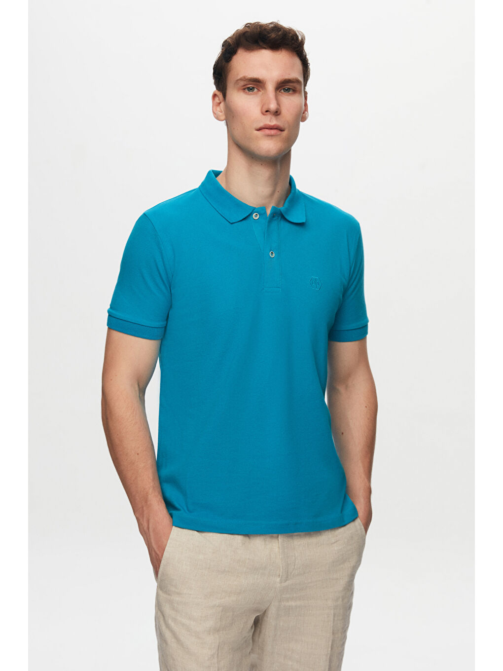 Regular Fit Lacivert/Turkuaz/Beyaz Pike Dokulu %100 Pamuk Polo Yaka T-Shirt-2