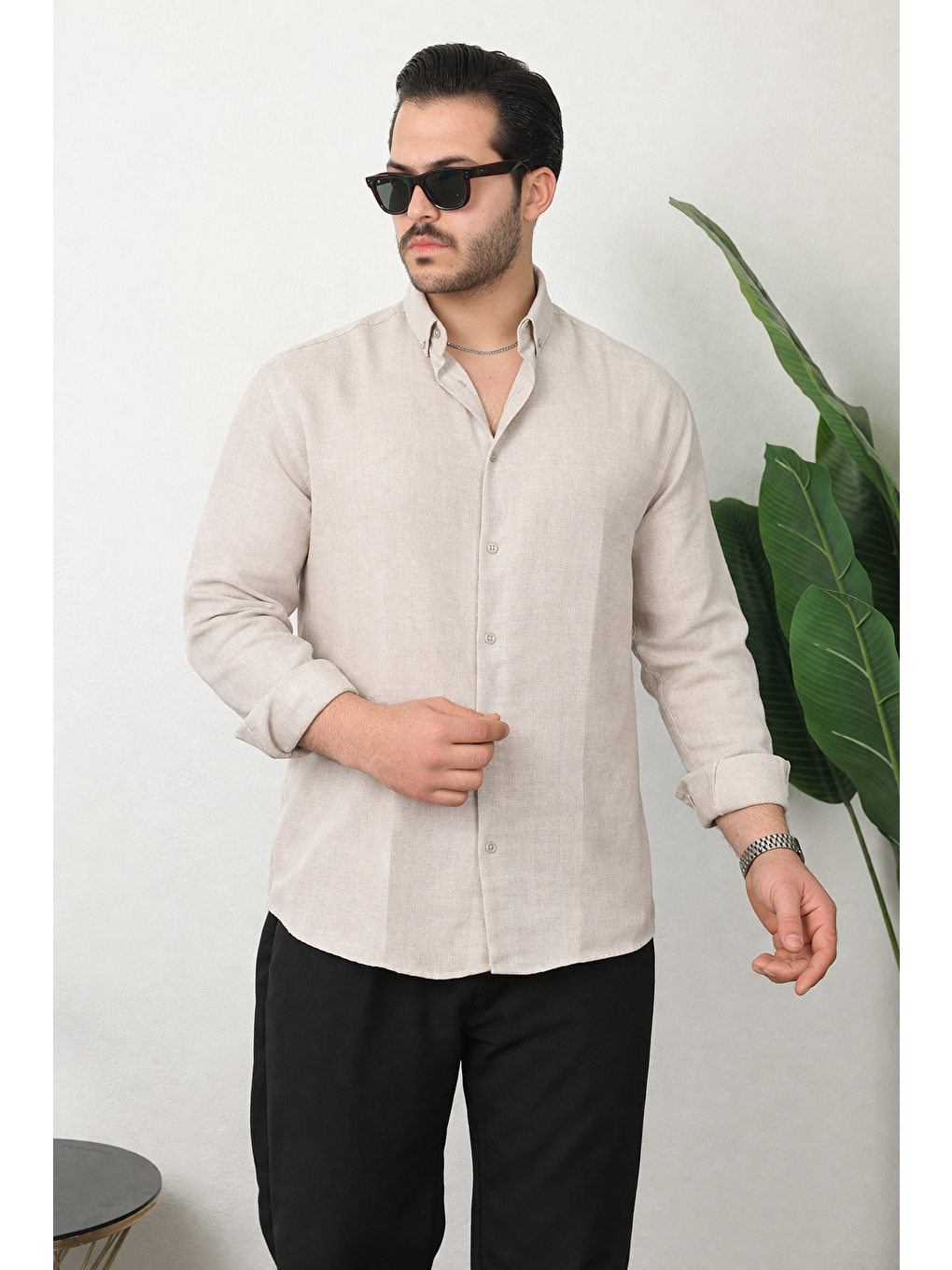 Ekru Erkek Trend Dokulu Kısa Kol Basic Krem Keten Gömlek