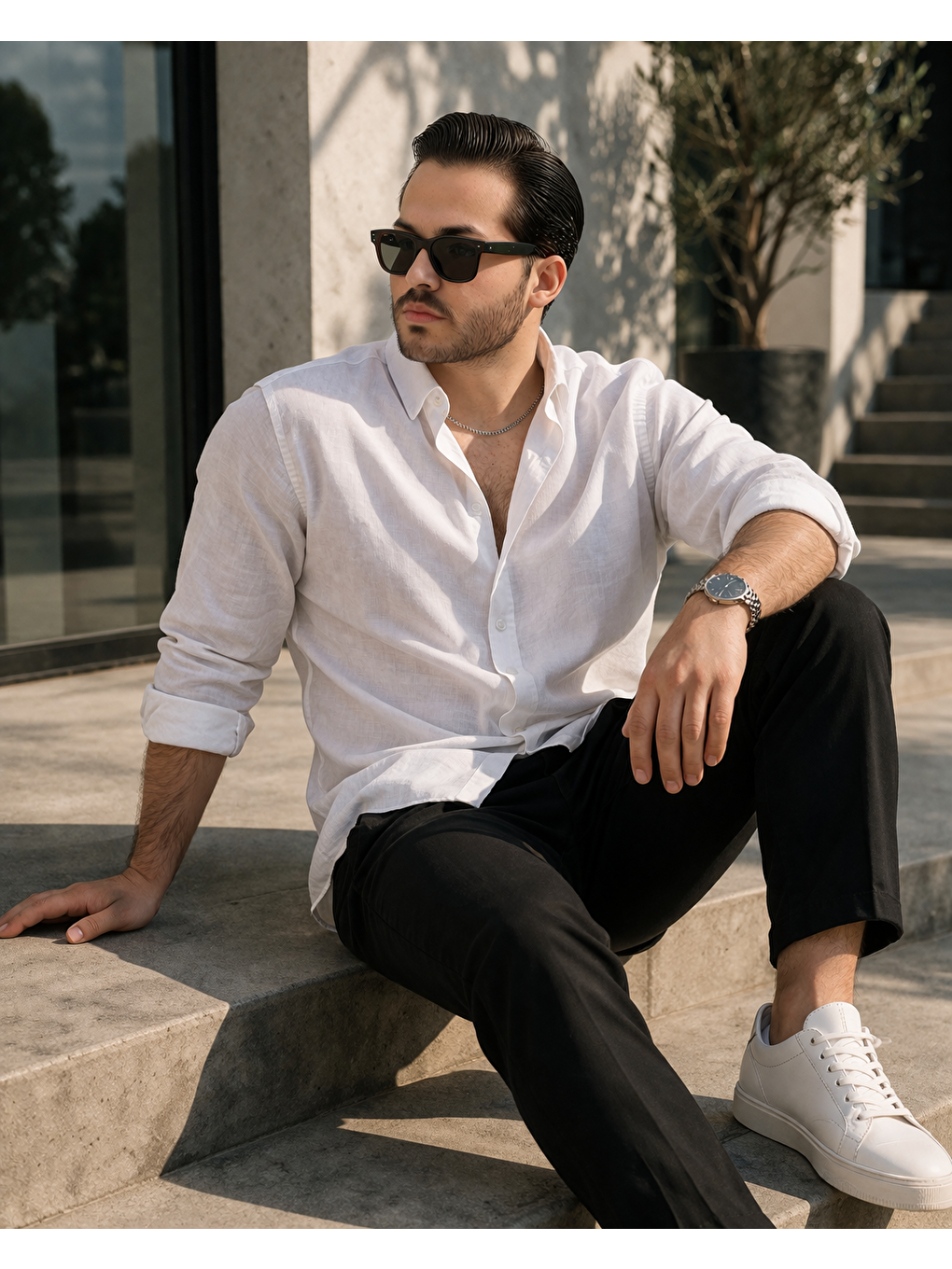 Erkek Trend Dokulu Kısa Kol Basic Beyaz Keten Gömlek-4