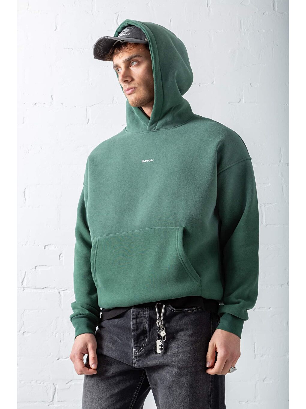 Erkek Oversize Baskılı Kapüşonlu Sweatshirt Yeşil-5