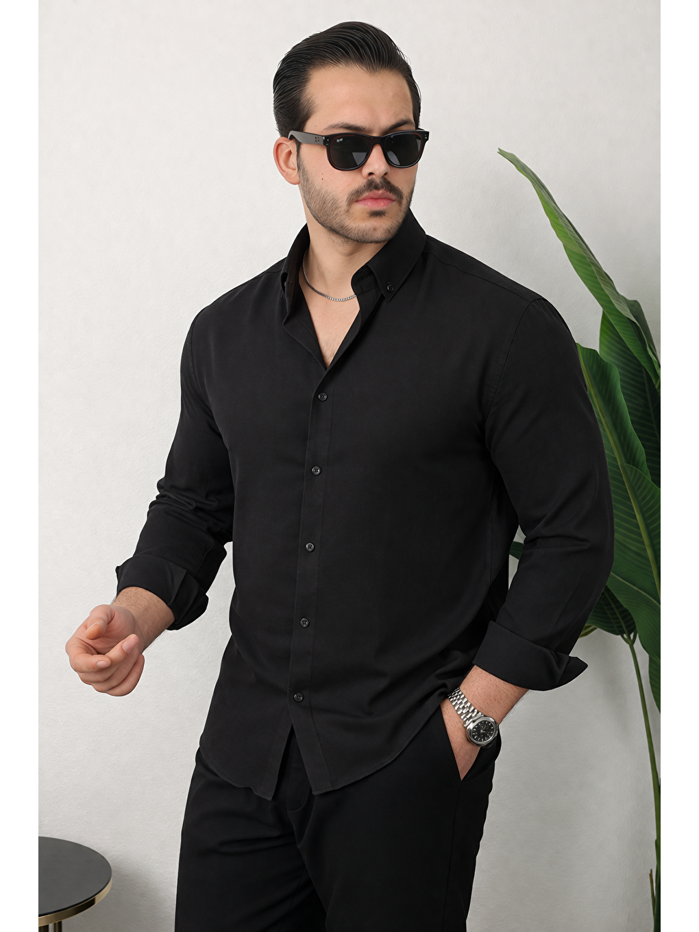 Erkek Trend Dokulu Kısa Kol Basic Siyah Keten Gömlek-1