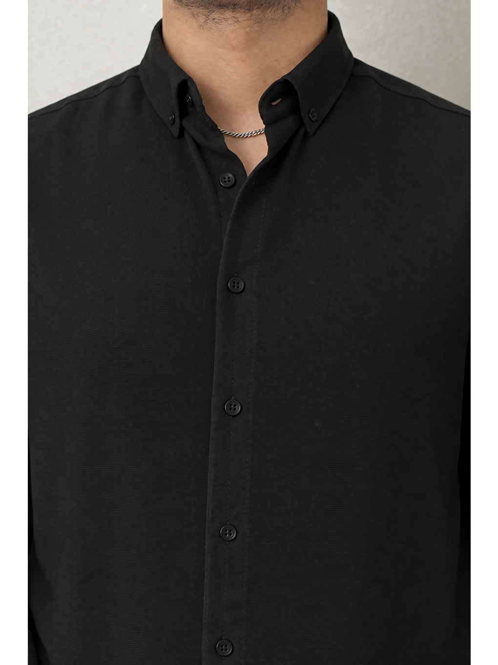 Erkek Trend Dokulu Kısa Kol Basic Siyah Keten Gömlek-2