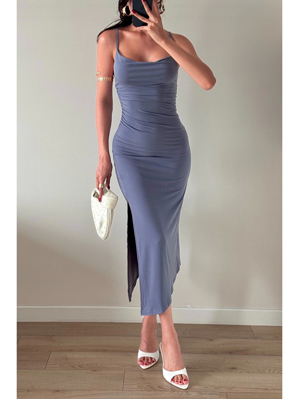 Kadın Antrasit Askılı Yırtmaçlı Uzun Elbise 1009-1034-3