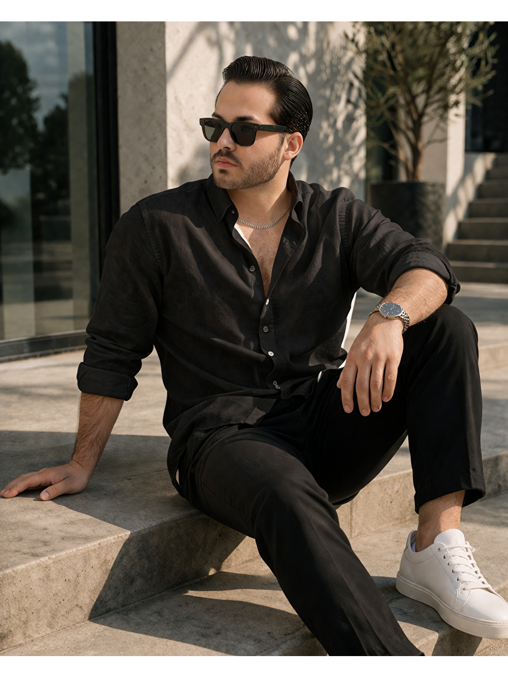 Erkek Trend Dokulu Kısa Kol Basic Siyah Keten Gömlek-3