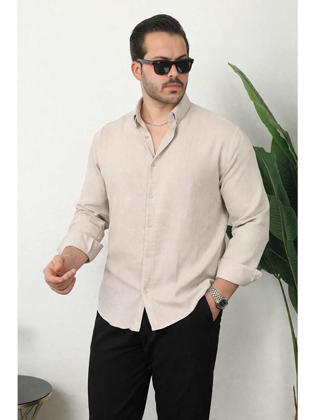 Ekru Erkek Trend Dokulu Kısa Kol Basic Krem Keten Gömlek-1