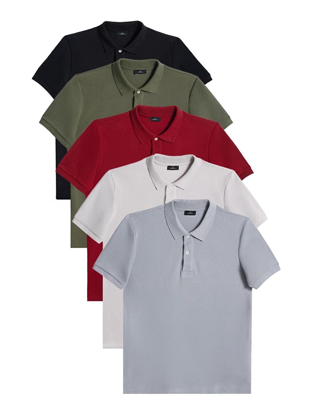 Karışık Erkek 5'Li Paket Siyah-Haki-Bordo-Gri-Koyu Gri Slim Fit Dar Kesim Pamuklu Düz Pike Polo Yaka Tişört