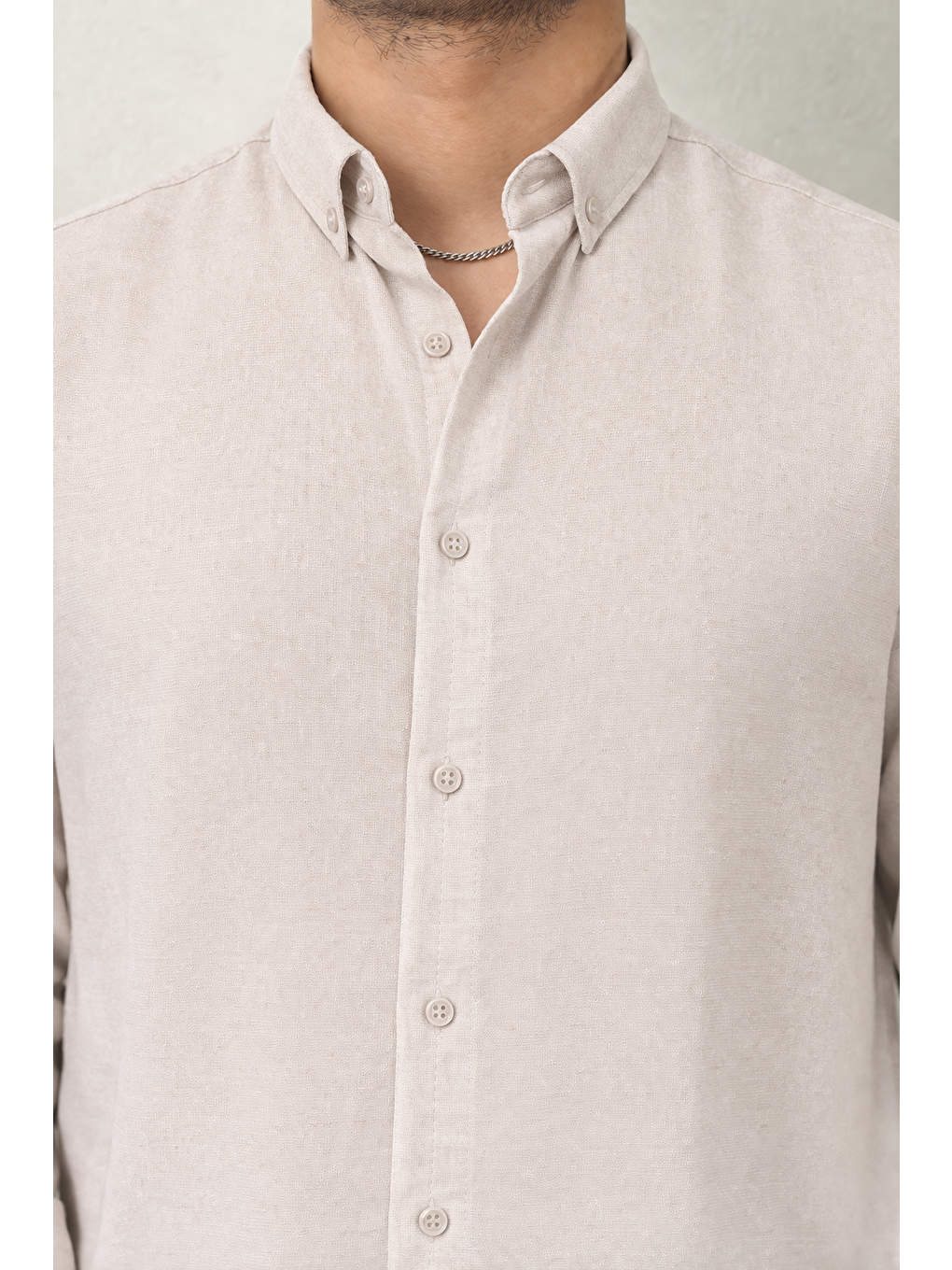 Ekru Erkek Trend Dokulu Kısa Kol Basic Krem Keten Gömlek-2