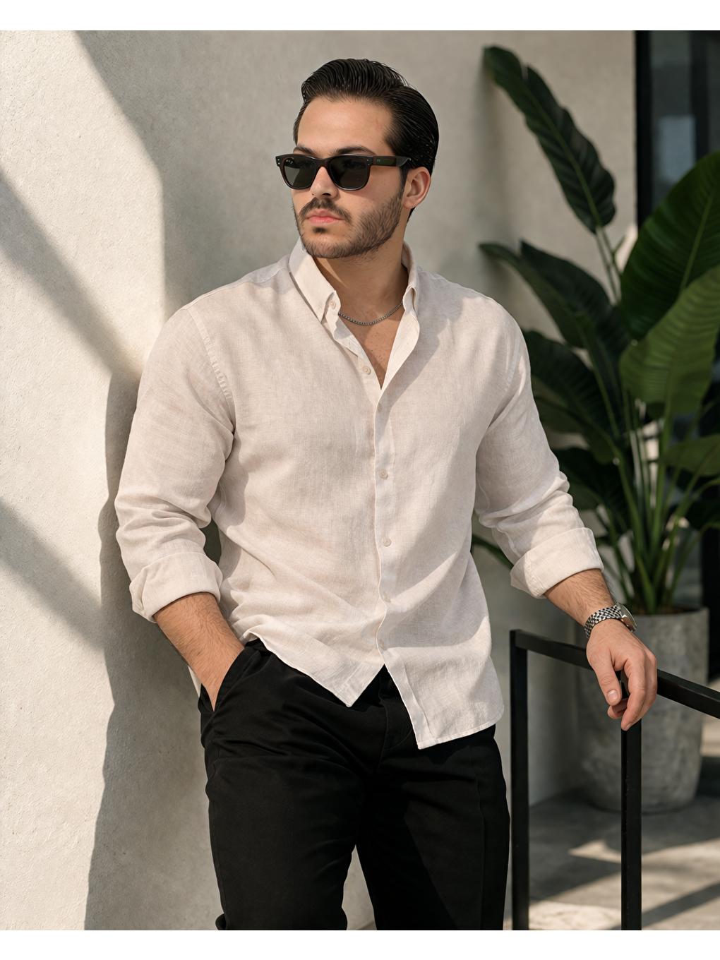Ekru Erkek Trend Dokulu Kısa Kol Basic Krem Keten Gömlek-3