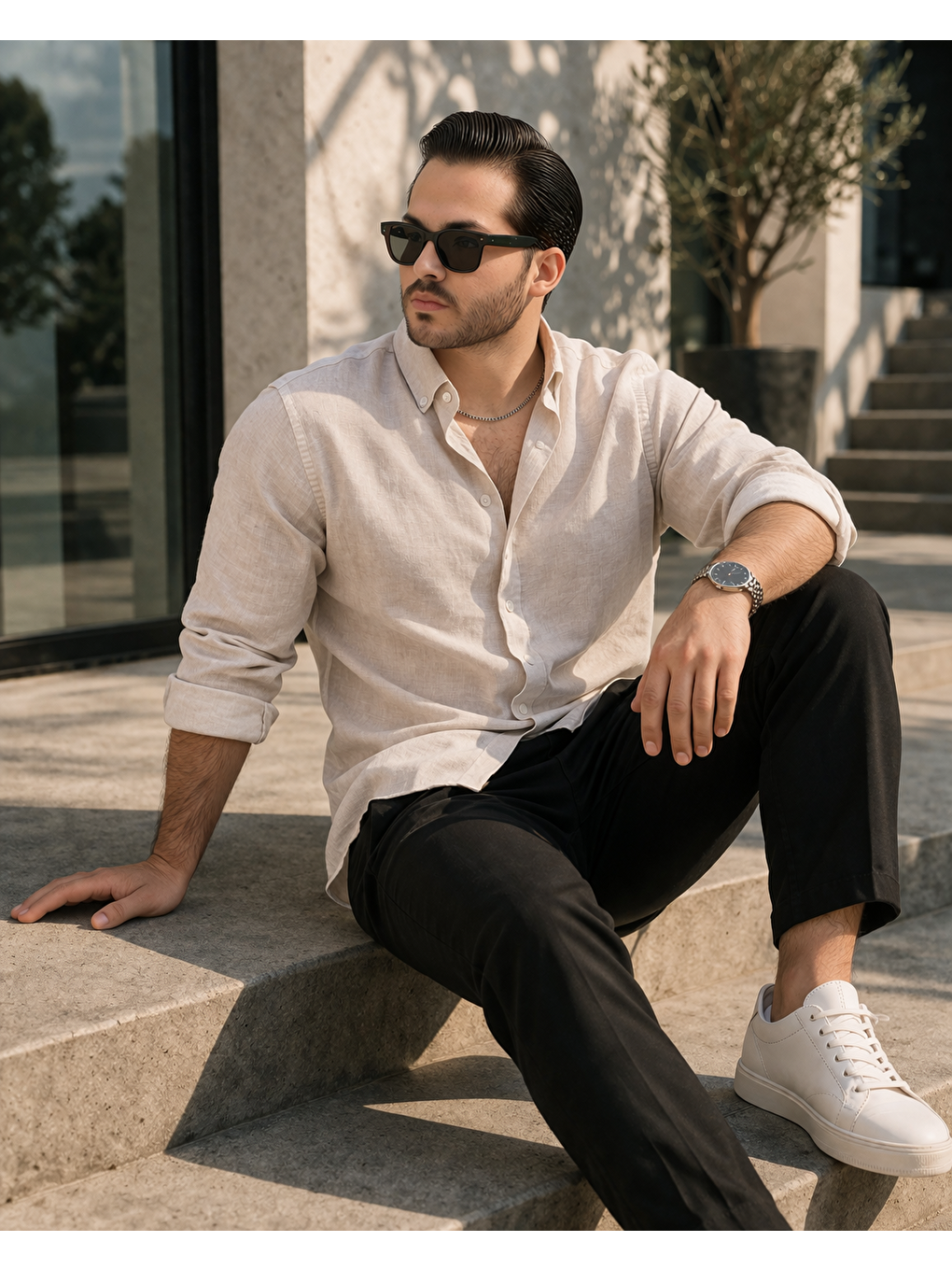 Ekru Erkek Trend Dokulu Kısa Kol Basic Krem Keten Gömlek-4