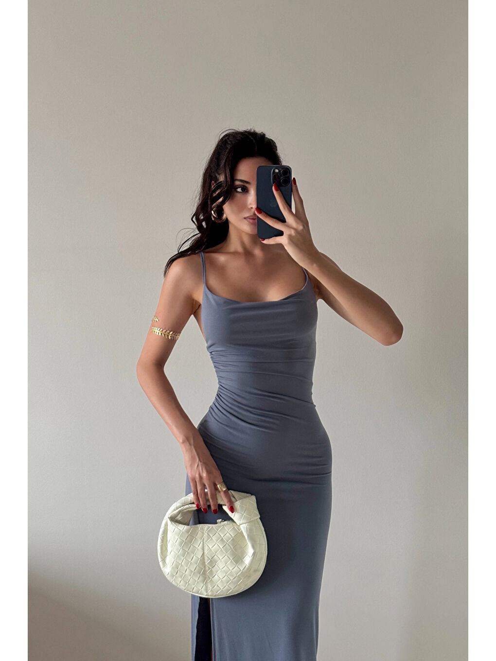 Kadın Antrasit Askılı Yırtmaçlı Uzun Elbise 1009-1034-4