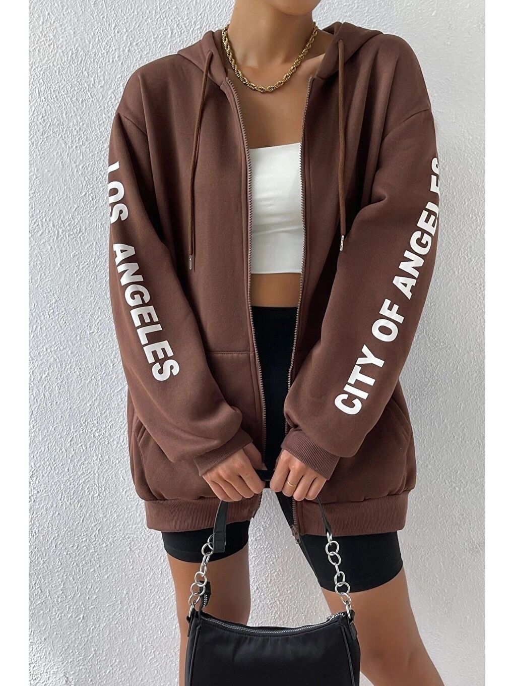 Kadın Kahverengi Kol Los Angeles Baskılı Detaylı Kapüşonlu Hırka