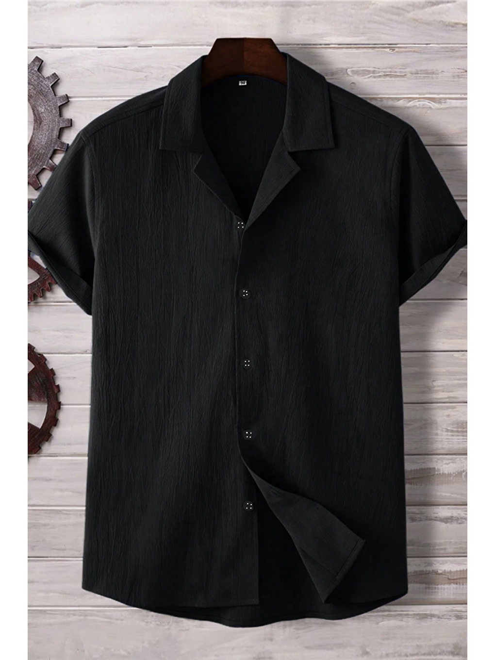 Siyah Yarım Regular Apaş Yaka Kısa Kol Müslin Kumaş Erkek Gömlek