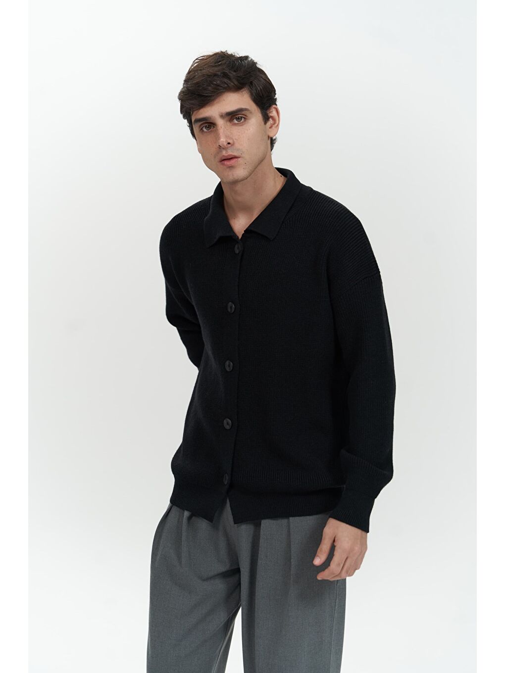 Bastian Düğme Detay Siyah Erkek Triko Hırka-6