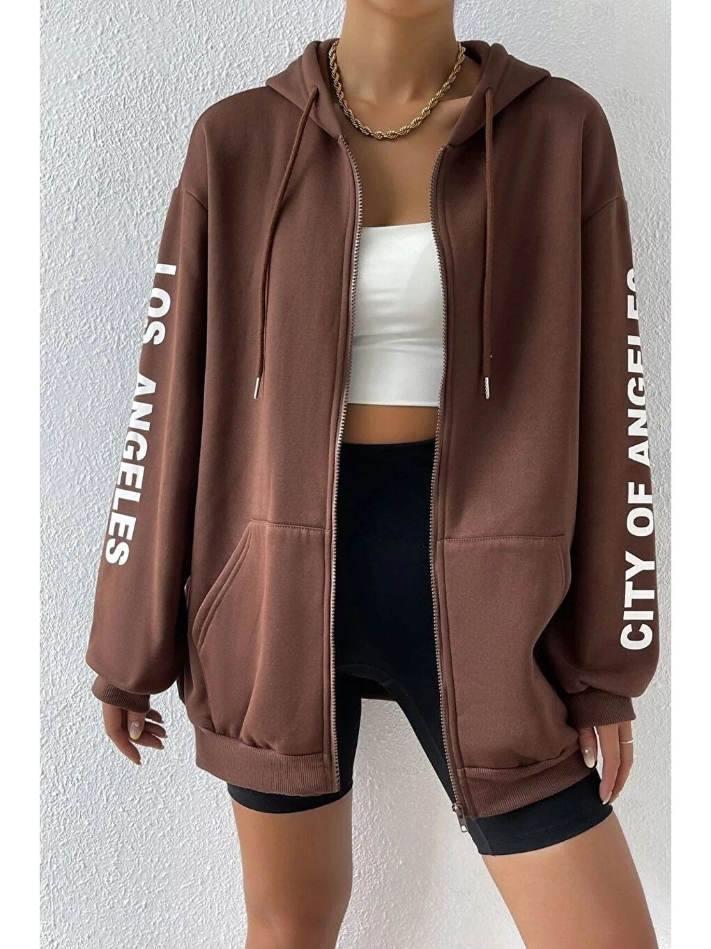 Kadın Kahverengi Kol Los Angeles Baskılı Detaylı Kapüşonlu Hırka-2