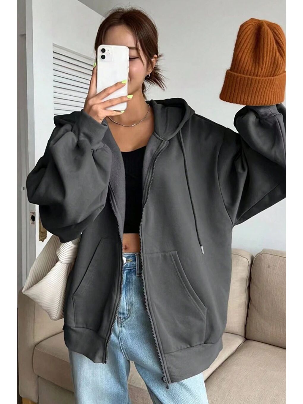 Gri Kadın Füme Oversize Fermuarlı Sweat Hırka