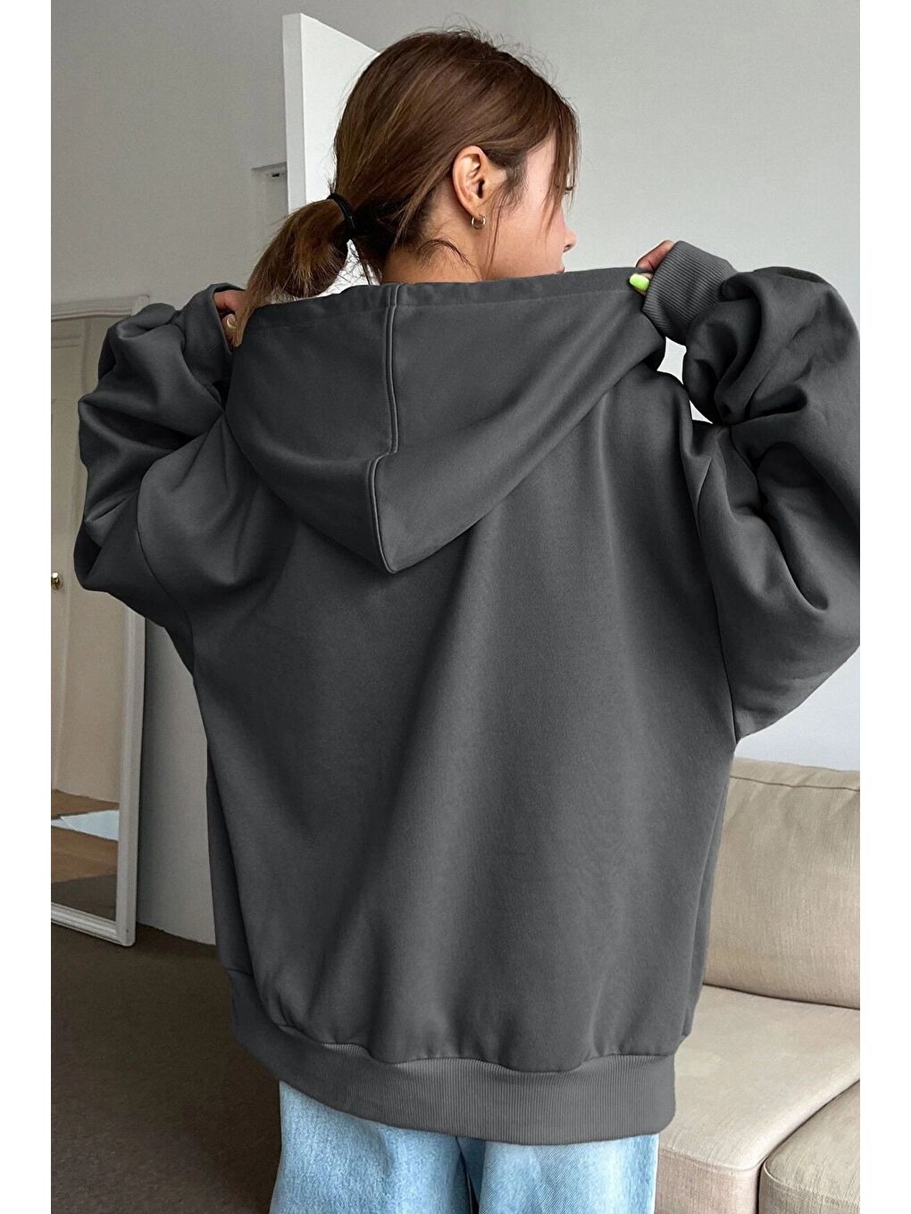 Gri Kadın Füme Oversize Fermuarlı Sweat Hırka-1