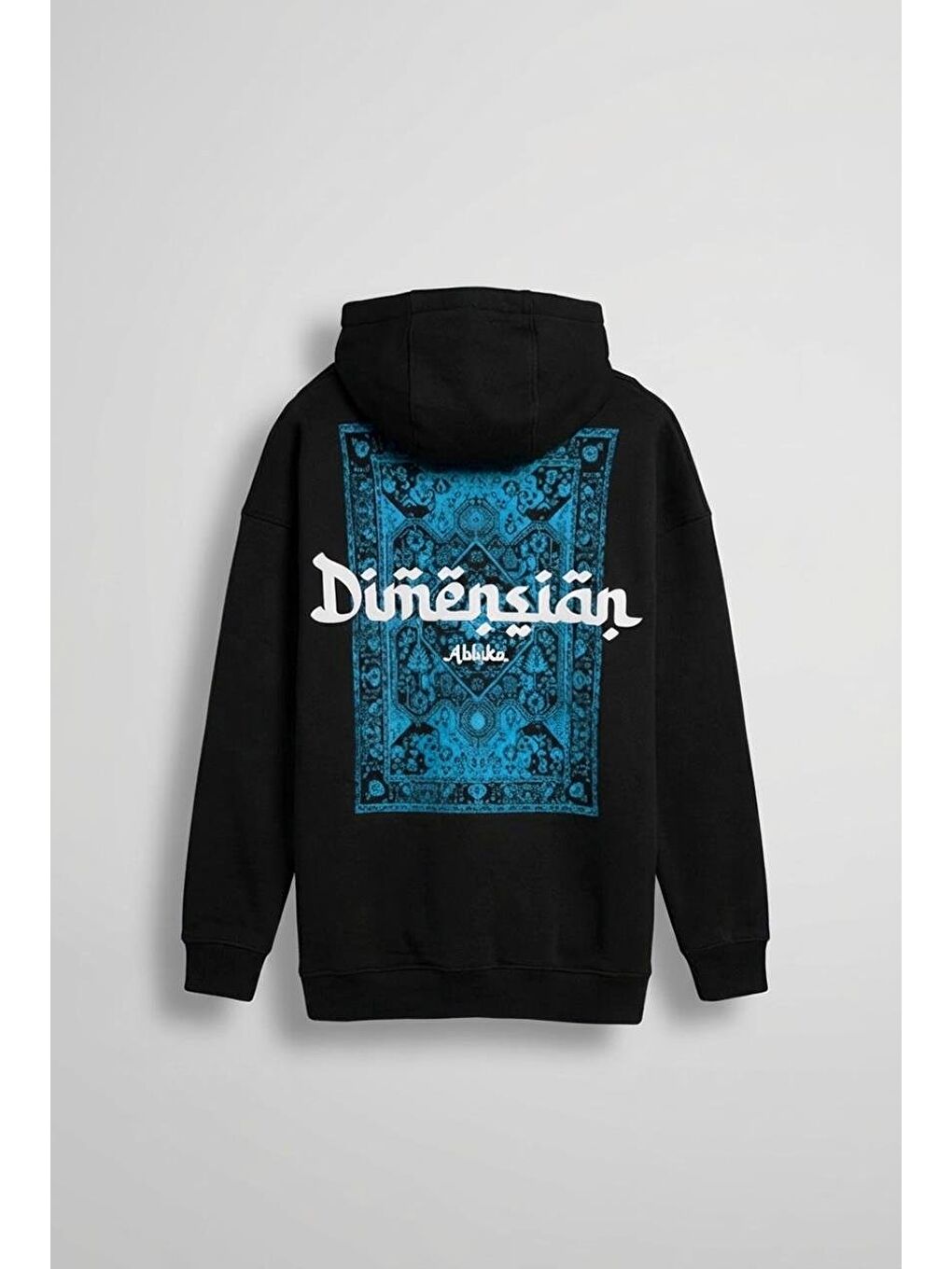 Erkek Oversize Dimension Baskılı Premium Kapüşonlu Sweatshirt Siyah Saks Mavi