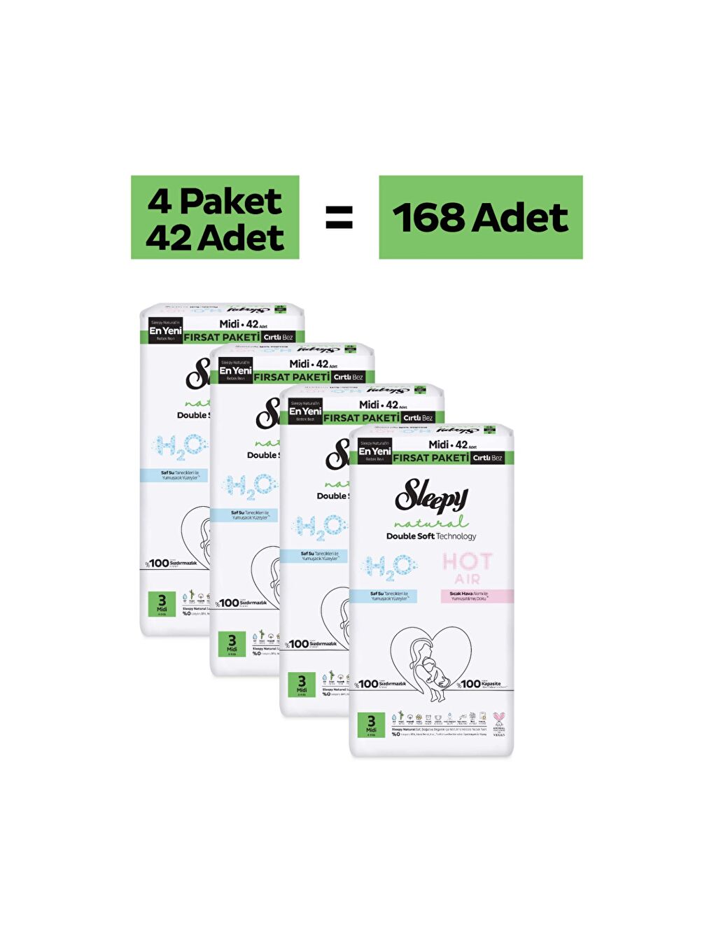 Natural Double Soft Fırsat Paketi Bebek Bezi 3 Numara Midi 168 Adet-1