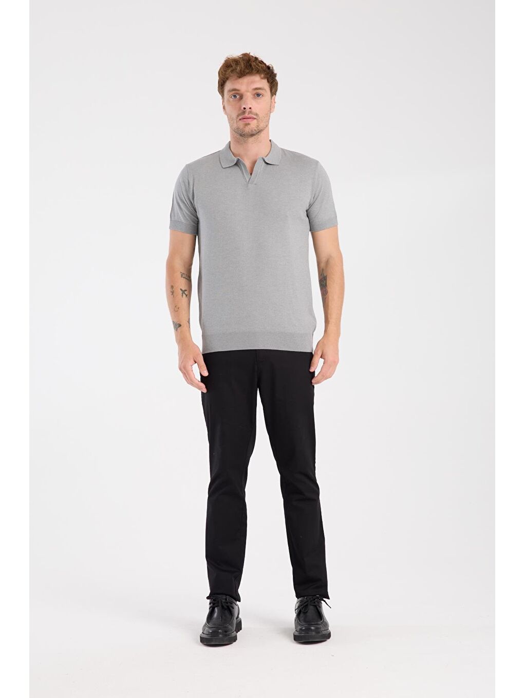 Aclub Alfa Örme Kumaş Viskon Karışımlı Slim Fit Gri Polo Yaka Erkek Düz Polo Shirt