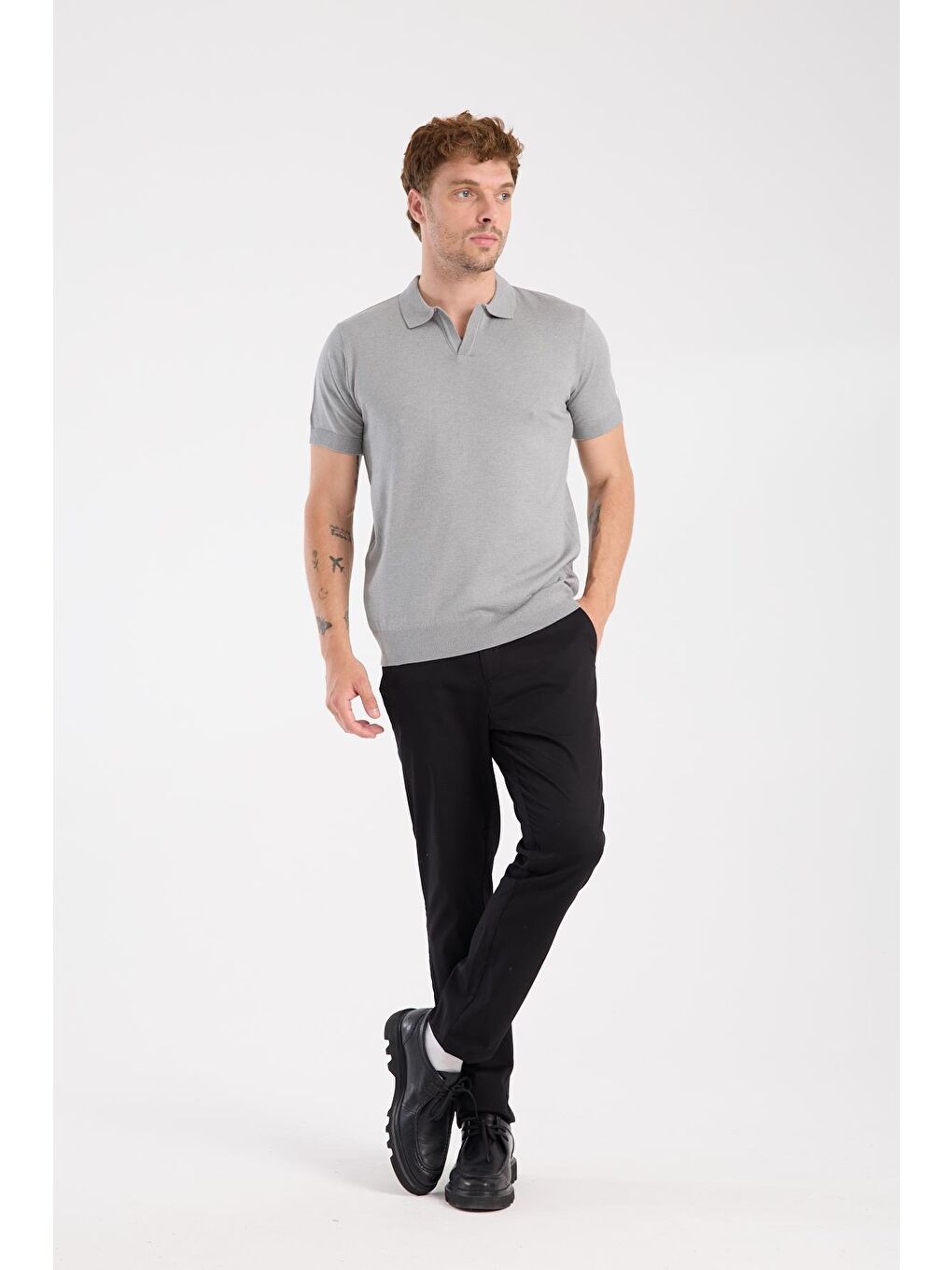 Aclub Alfa Örme Kumaş Viskon Karışımlı Slim Fit Gri Polo Yaka Erkek Düz Polo Shirt-1