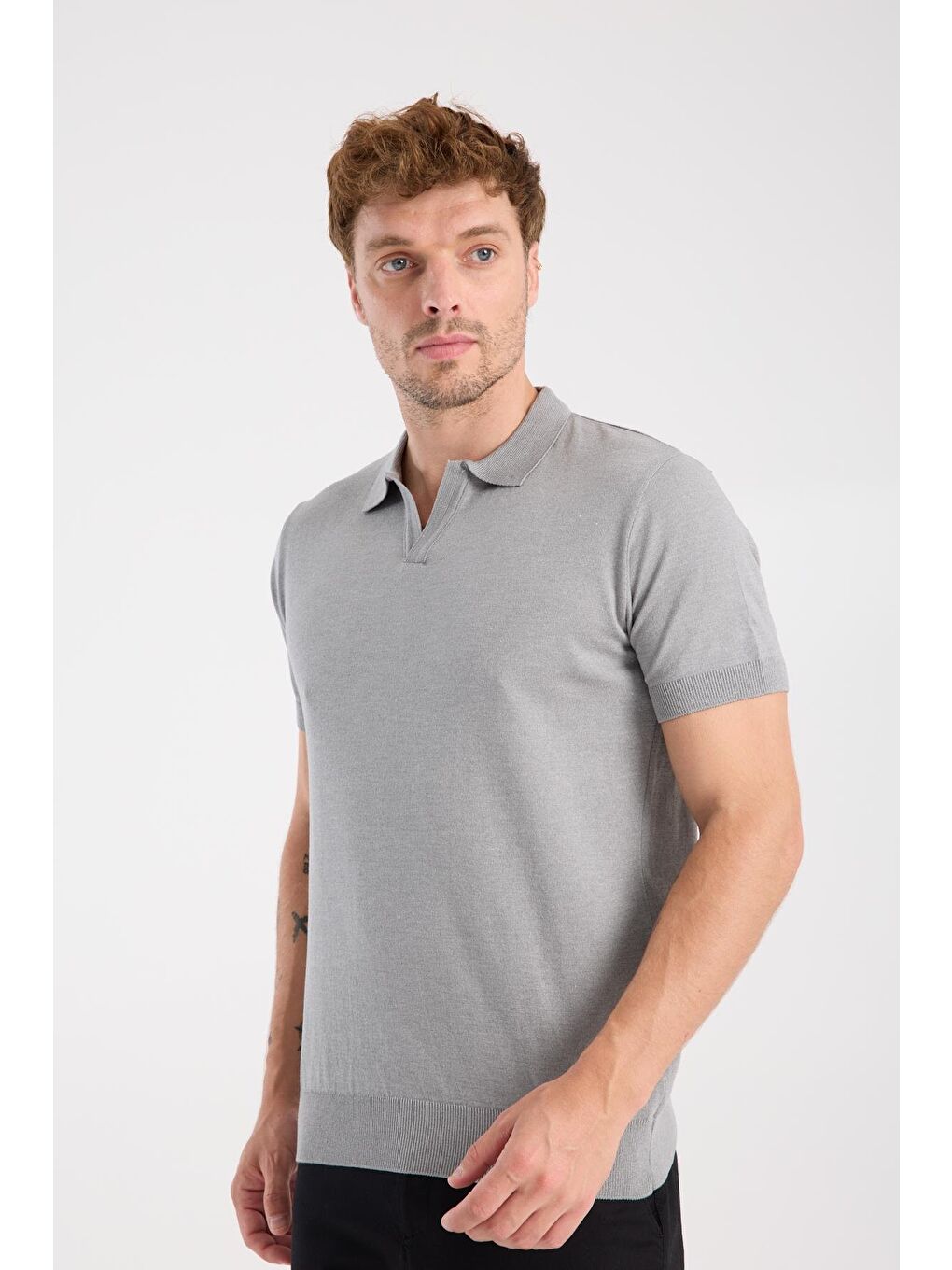 Aclub Alfa Örme Kumaş Viskon Karışımlı Slim Fit Gri Polo Yaka Erkek Düz Polo Shirt-2
