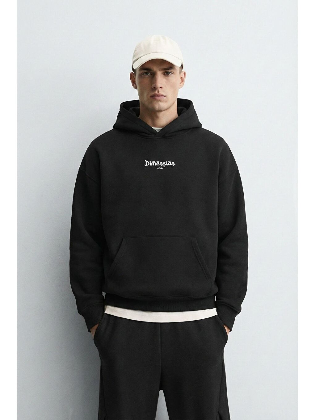 Erkek Oversize Dimension Baskılı Premium Kapüşonlu Sweatshirt Siyah Saks Mavi-2