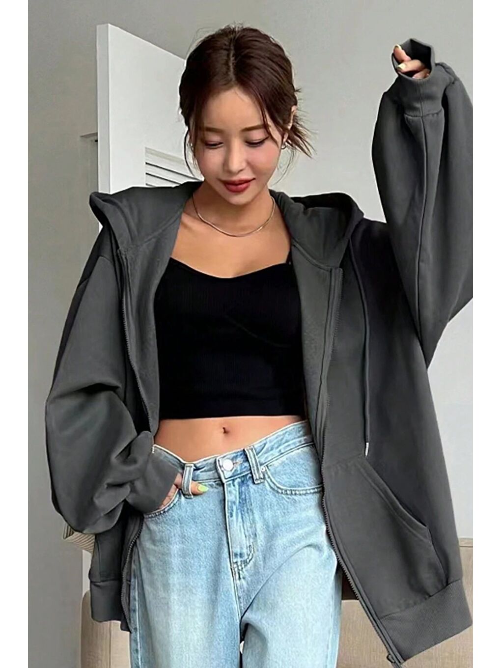 Gri Kadın Füme Oversize Fermuarlı Sweat Hırka-2