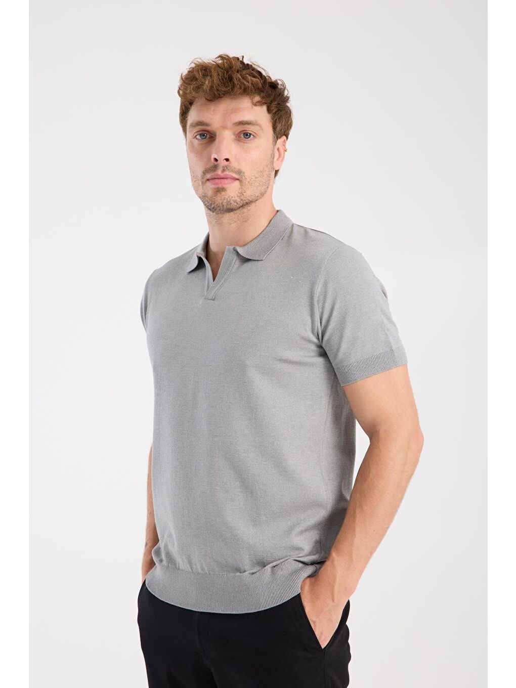 Aclub Alfa Örme Kumaş Viskon Karışımlı Slim Fit Gri Polo Yaka Erkek Düz Polo Shirt-3