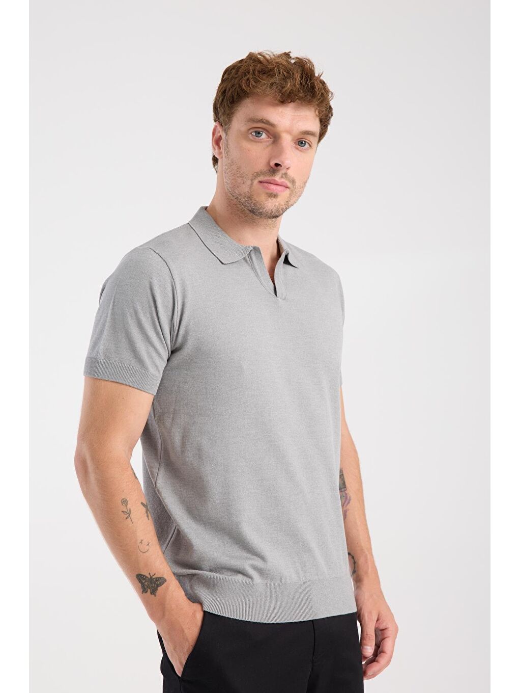 Aclub Alfa Örme Kumaş Viskon Karışımlı Slim Fit Gri Polo Yaka Erkek Düz Polo Shirt-4