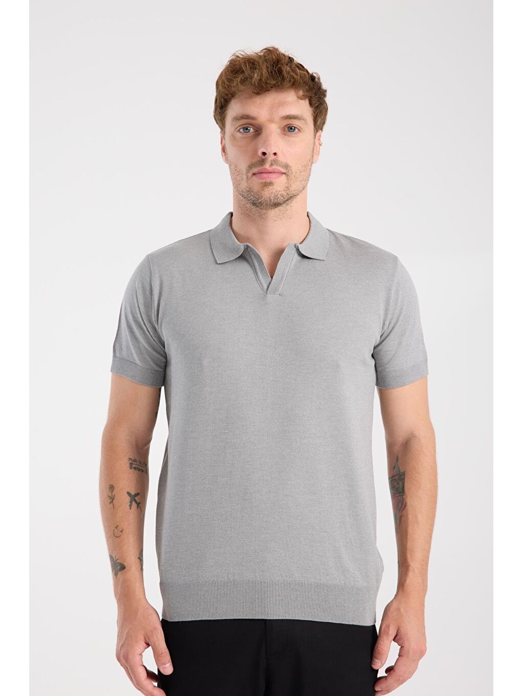 Aclub Alfa Örme Kumaş Viskon Karışımlı Slim Fit Gri Polo Yaka Erkek Düz Polo Shirt-5