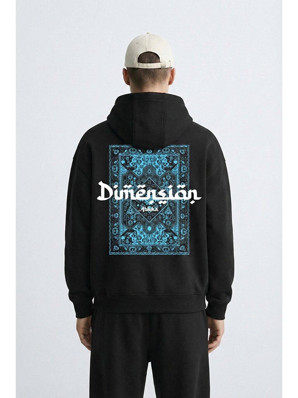 Erkek Oversize Dimension Baskılı Premium Kapüşonlu Sweatshirt Siyah Saks Mavi-3