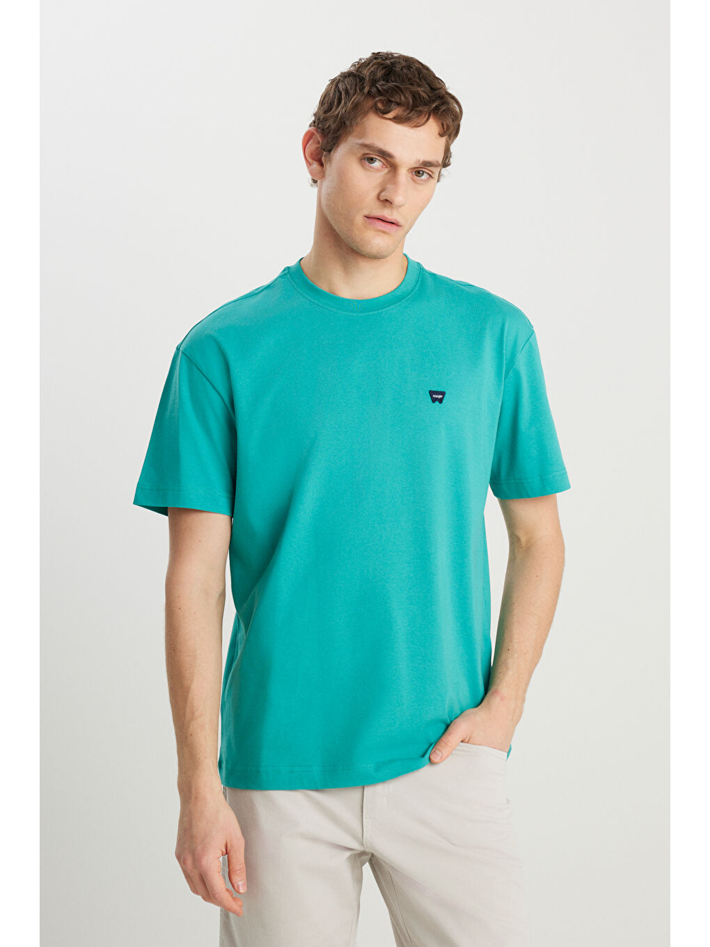 %100 Pamuk Relaxed Fit Geniş Kesim Minimal Logo Yeşil Tişört