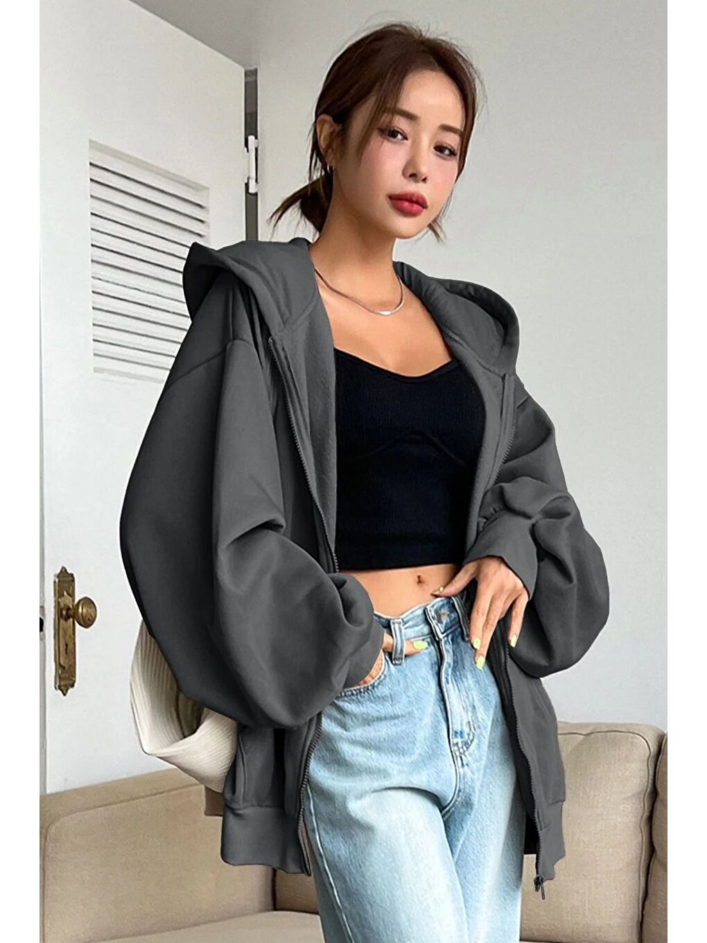 Gri Kadın Füme Oversize Fermuarlı Sweat Hırka-3