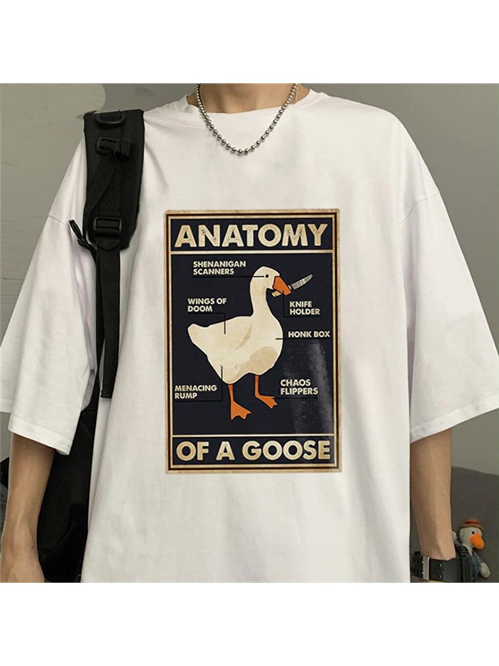 Touz Moda Beyaz Duck Anatomy Baskılı Beyaz Unisex Oversize T-shirt