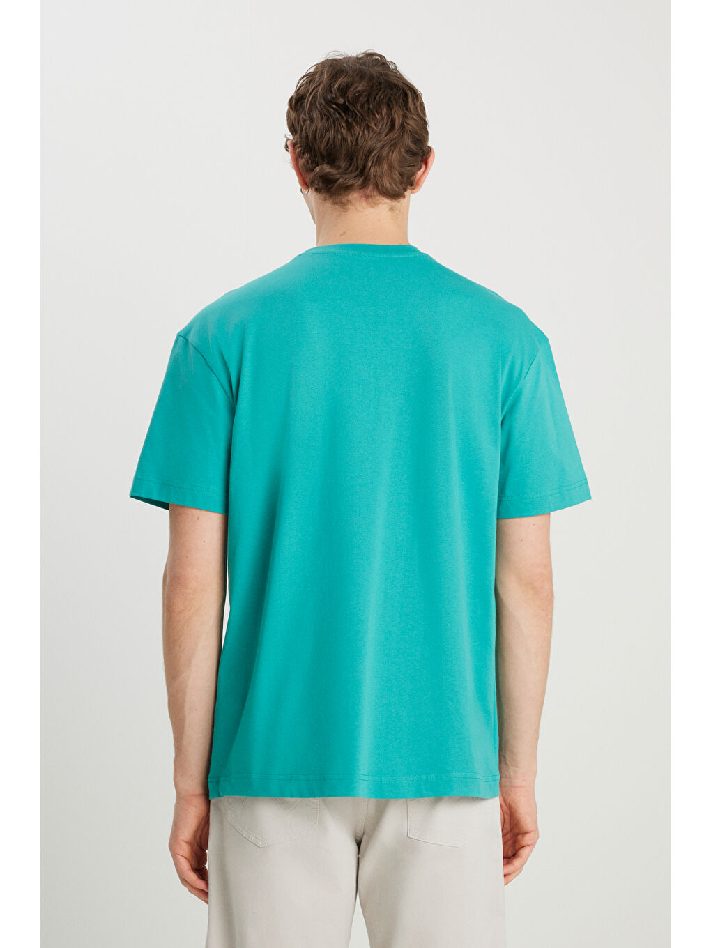 %100 Pamuk Relaxed Fit Geniş Kesim Minimal Logo Yeşil Tişört-4