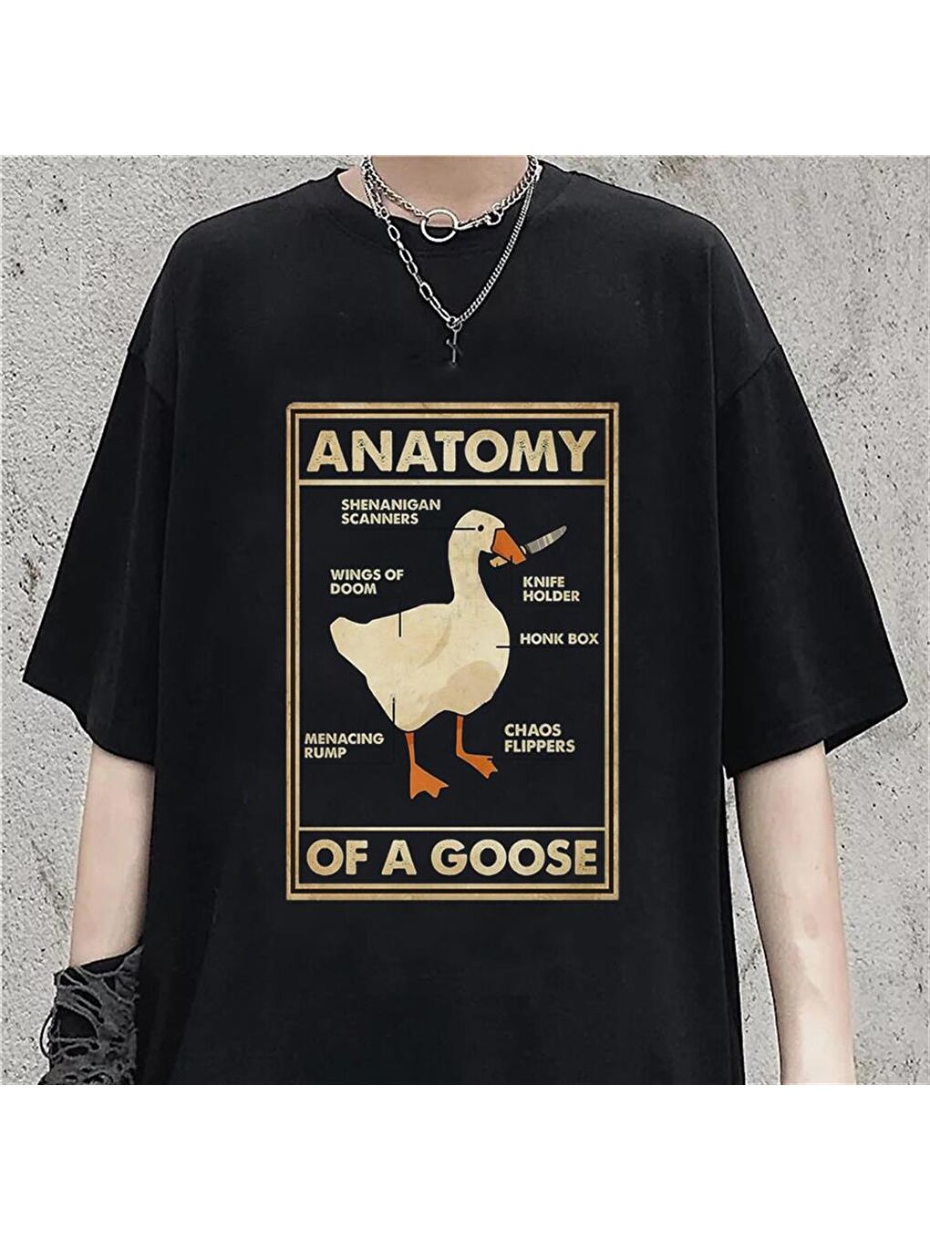 Touz Moda Siyah Duck Anatomy Baskılı Siyah Unisex Oversize T-shirt