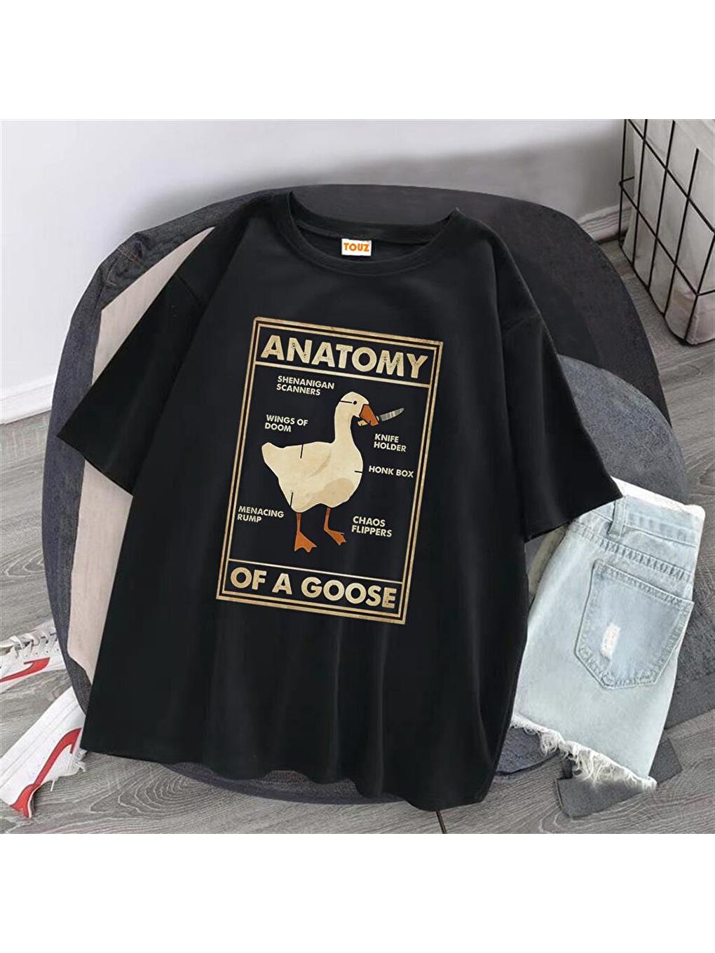 Touz Moda Siyah Duck Anatomy Baskılı Siyah Unisex Oversize T-shirt - 1