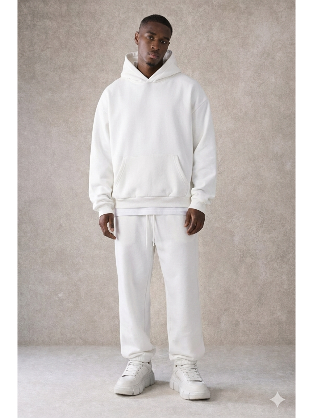 Erkek Pamuklu Içi Polarlı Kapüşonlu Basic Relaxed Beyaz Eşofman Takımı