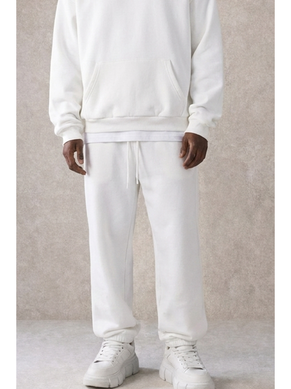 Erkek Pamuklu Içi Polarlı Kapüşonlu Basic Relaxed Beyaz Eşofman Takımı-1
