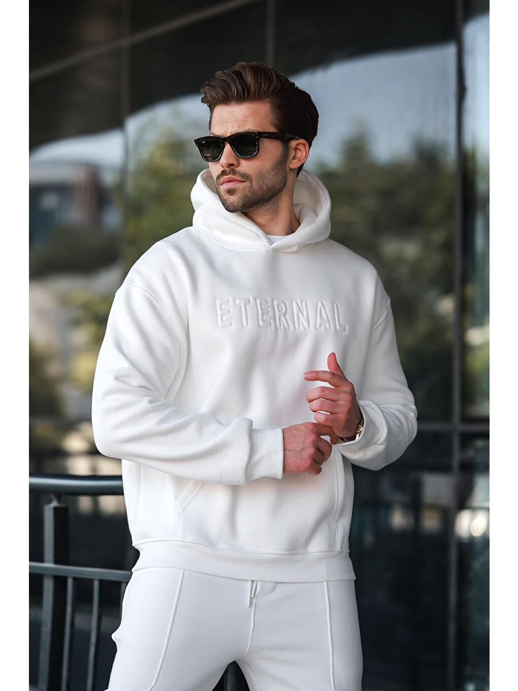 Ekru Kapüşonlu Erkek Eşofman Takımı E7324-2