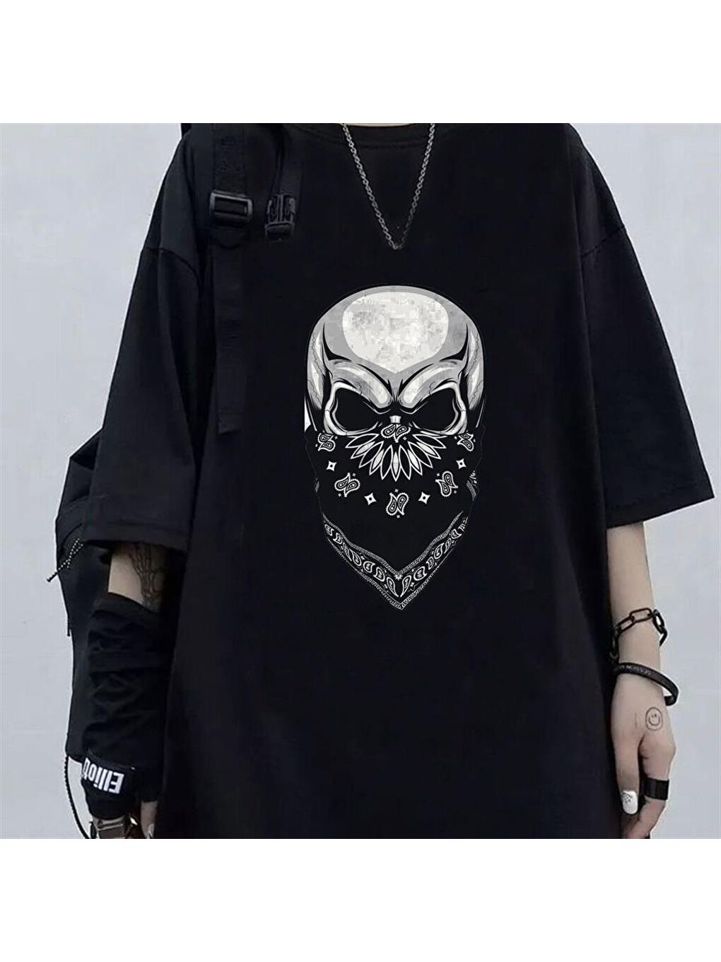 Touz Moda Siyah Gang Skull Baskılı Siyah Unisex Oversize T-shirt