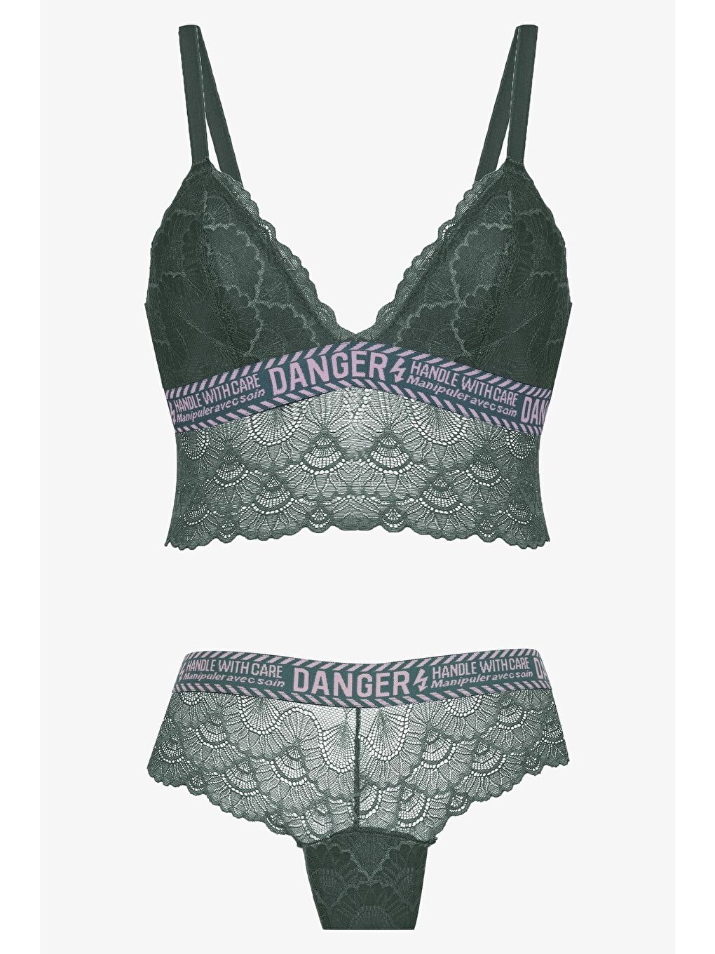 Yeşil Kadın Danger Yazılı Lastikli Dantelli Büstiyer Takım