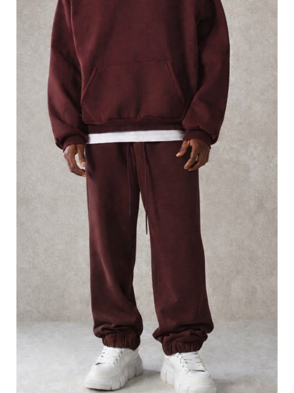 Erkek Pamuklu Içi Polarlı Kapüşonlu Basic Relaxed Bordo Eşofman Takımı-1