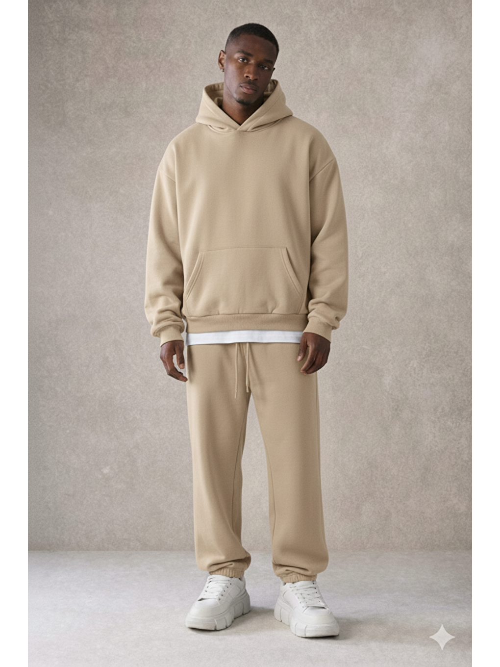 Bej Erkek Pamuklu Içi Polarlı Kapüşonlu Basic Relaxed Vizon Eşofman Takımı