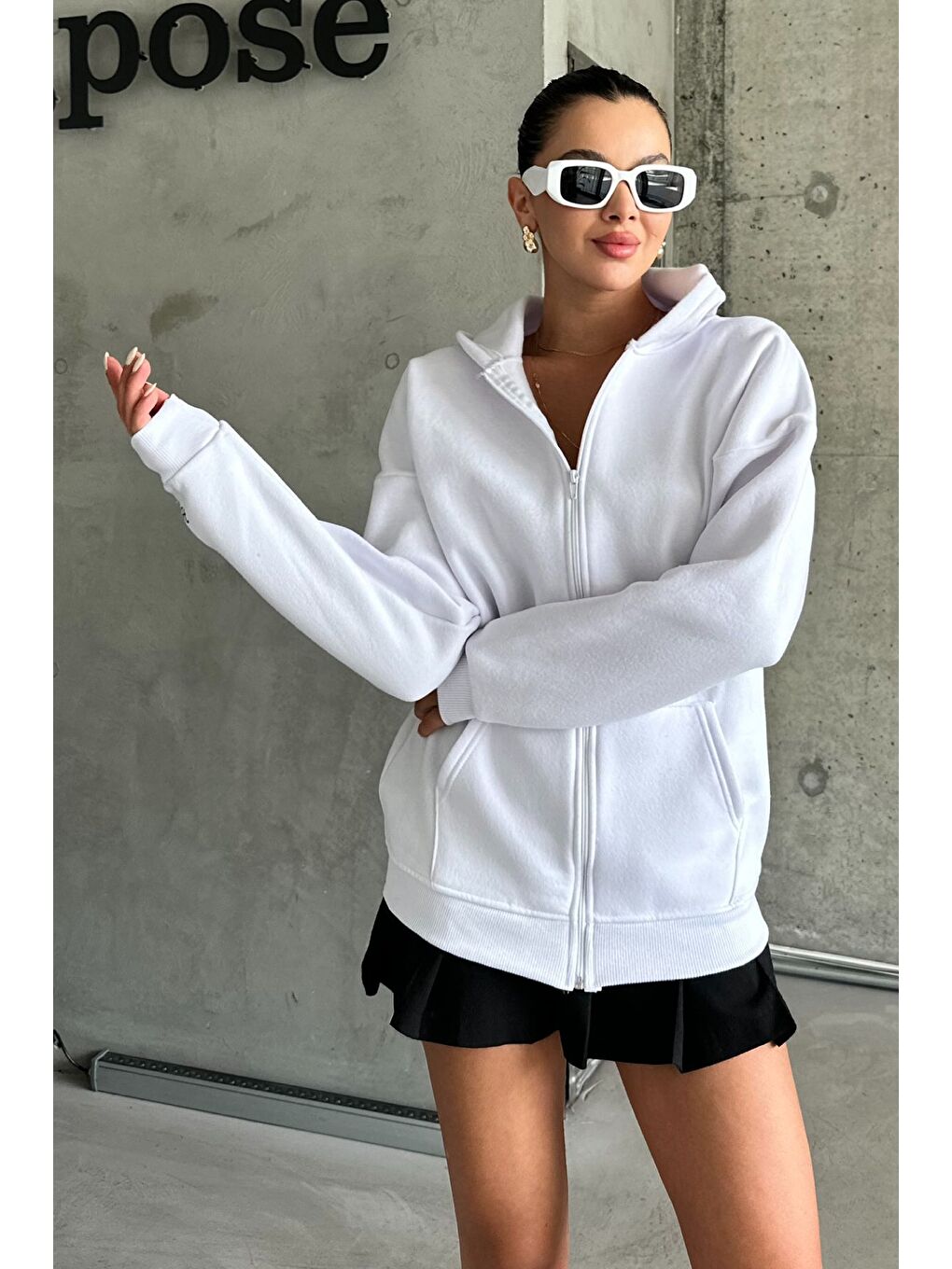 Kadın Beyaz Hola Baskılı Oversize Fermuarlı Hırka-5